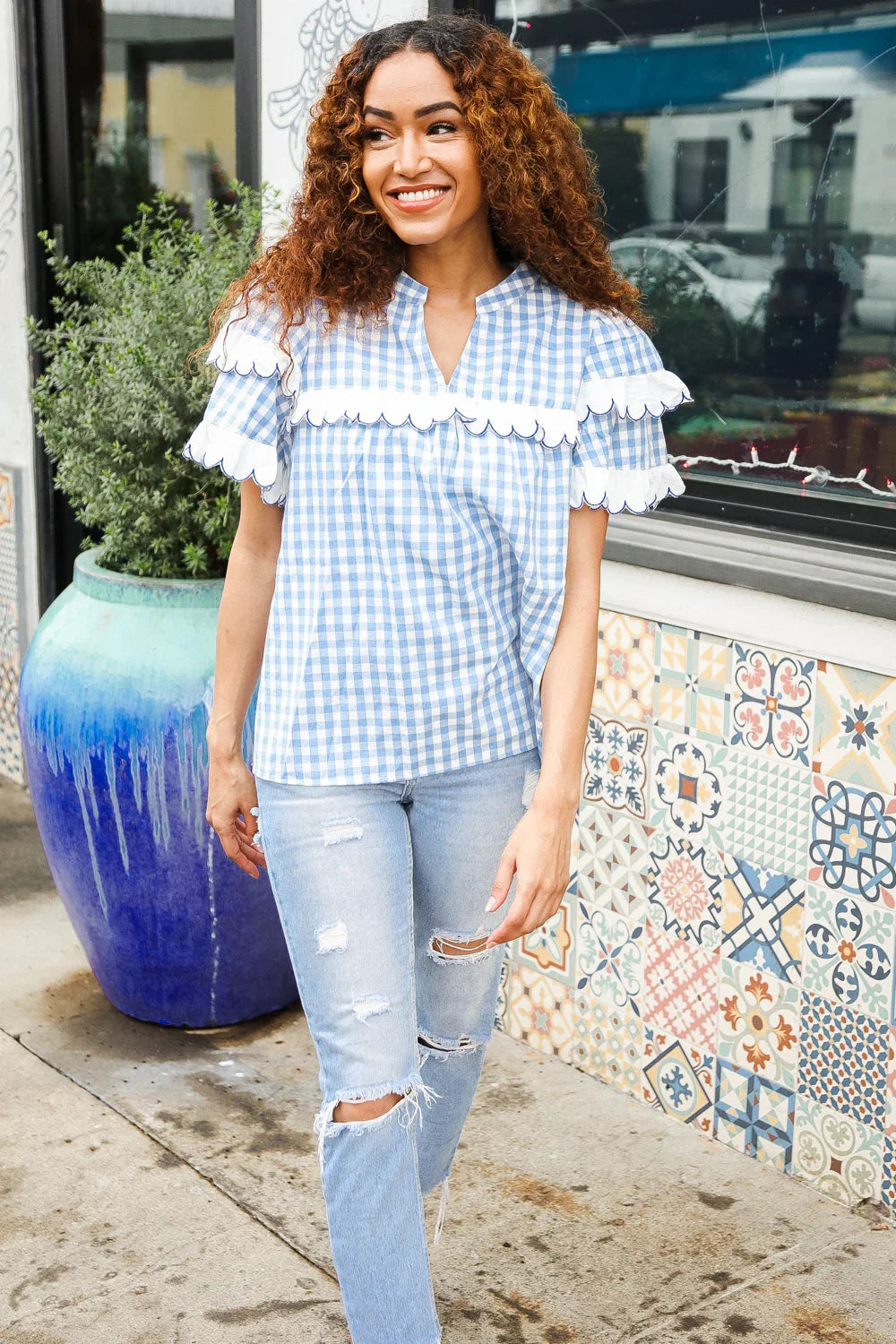 Lost In Love Cotton Blue Gingham Shirred Mock Neck Top | Daverri Fashions