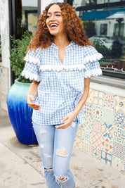 Lost In Love Cotton Blue Gingham Shirred Mock Neck Top | Daverri Fashions