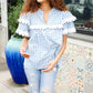 Lost In Love Cotton Blue Gingham Shirred Mock Neck Top - DAVERRI FASHIONS