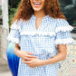 Lost In Love Cotton Blue Gingham Shirred Mock Neck Top - DAVERRI FASHIONS