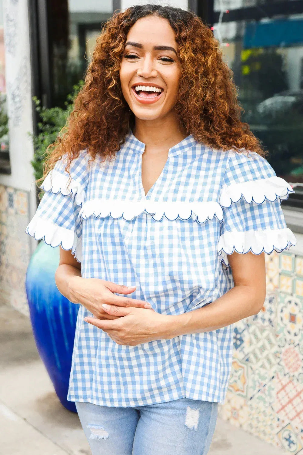 Lost In Love Cotton Blue Gingham Shirred Mock Neck Top - DAVERRI FASHIONS