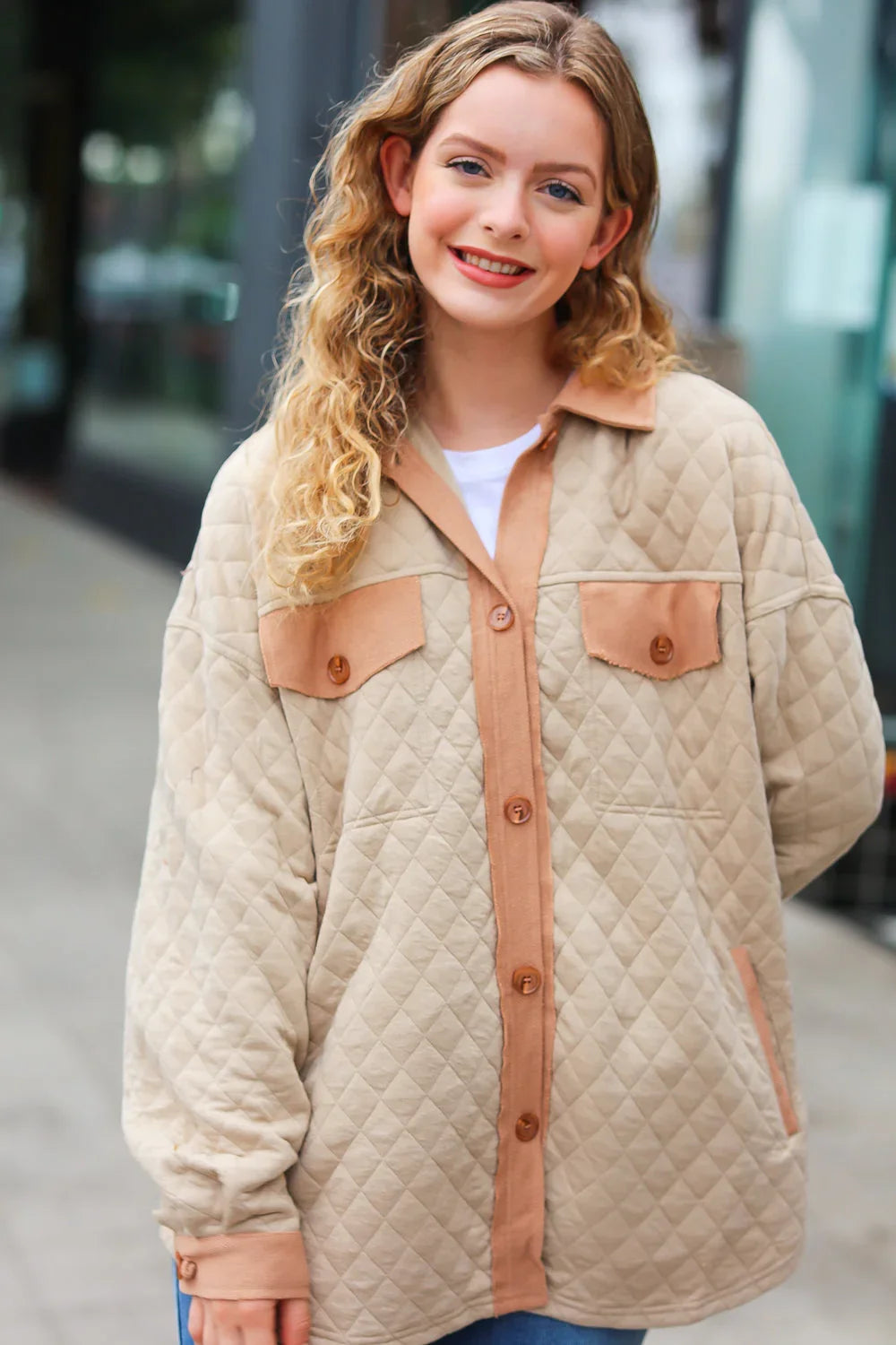 Eyes On You Taupe Quilted Knit Button Down Shacket | Daverri Fashions