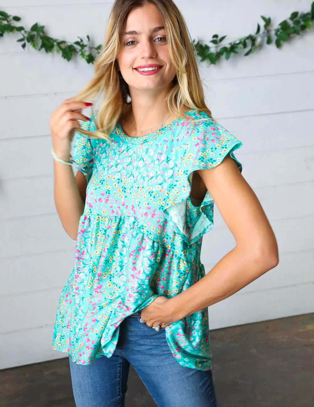 Turquoise Floral Stripe Babydoll Top | Daverri Fashions