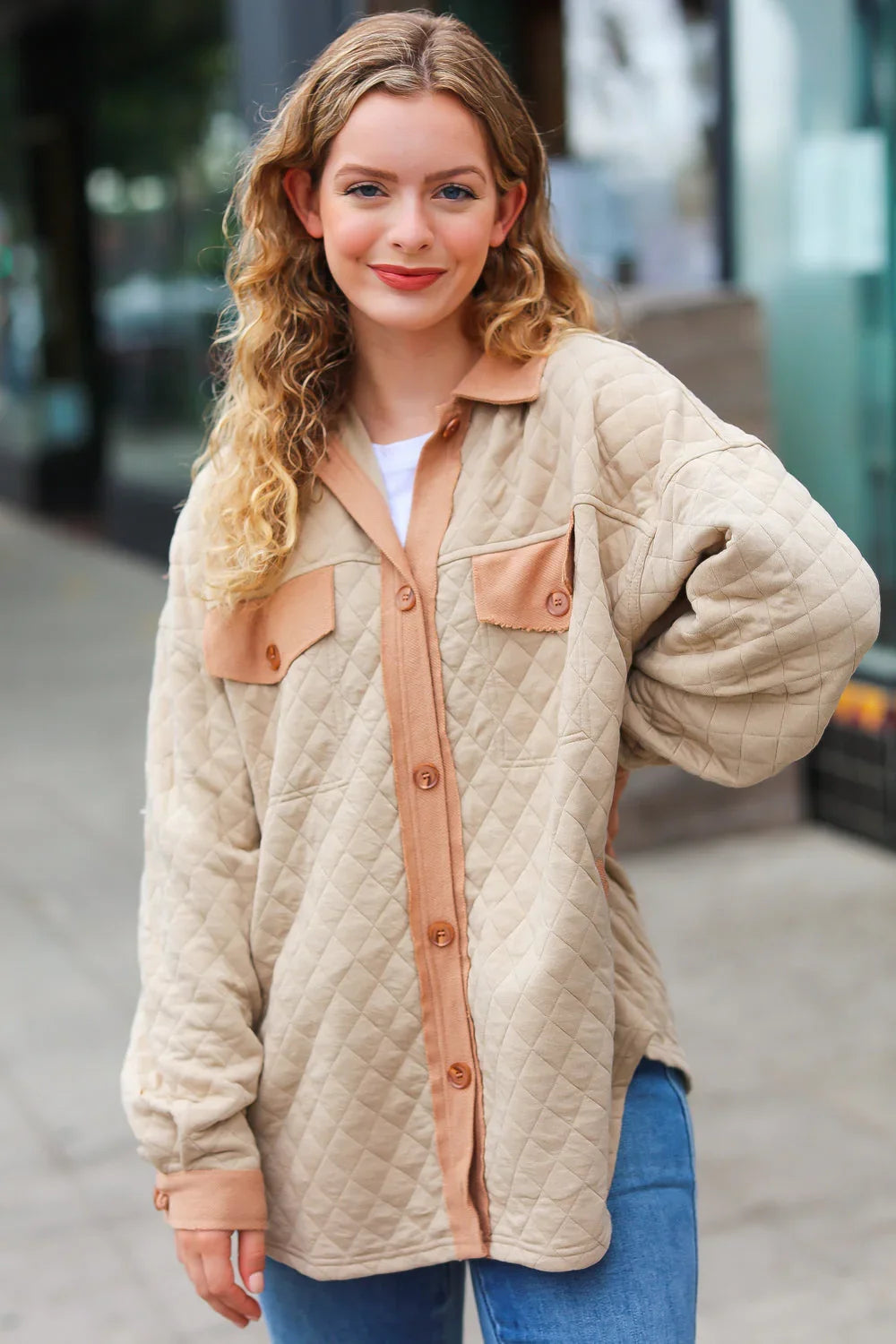 Eyes On You Taupe Quilted Knit Button Down Shacket | Daverri Fashions