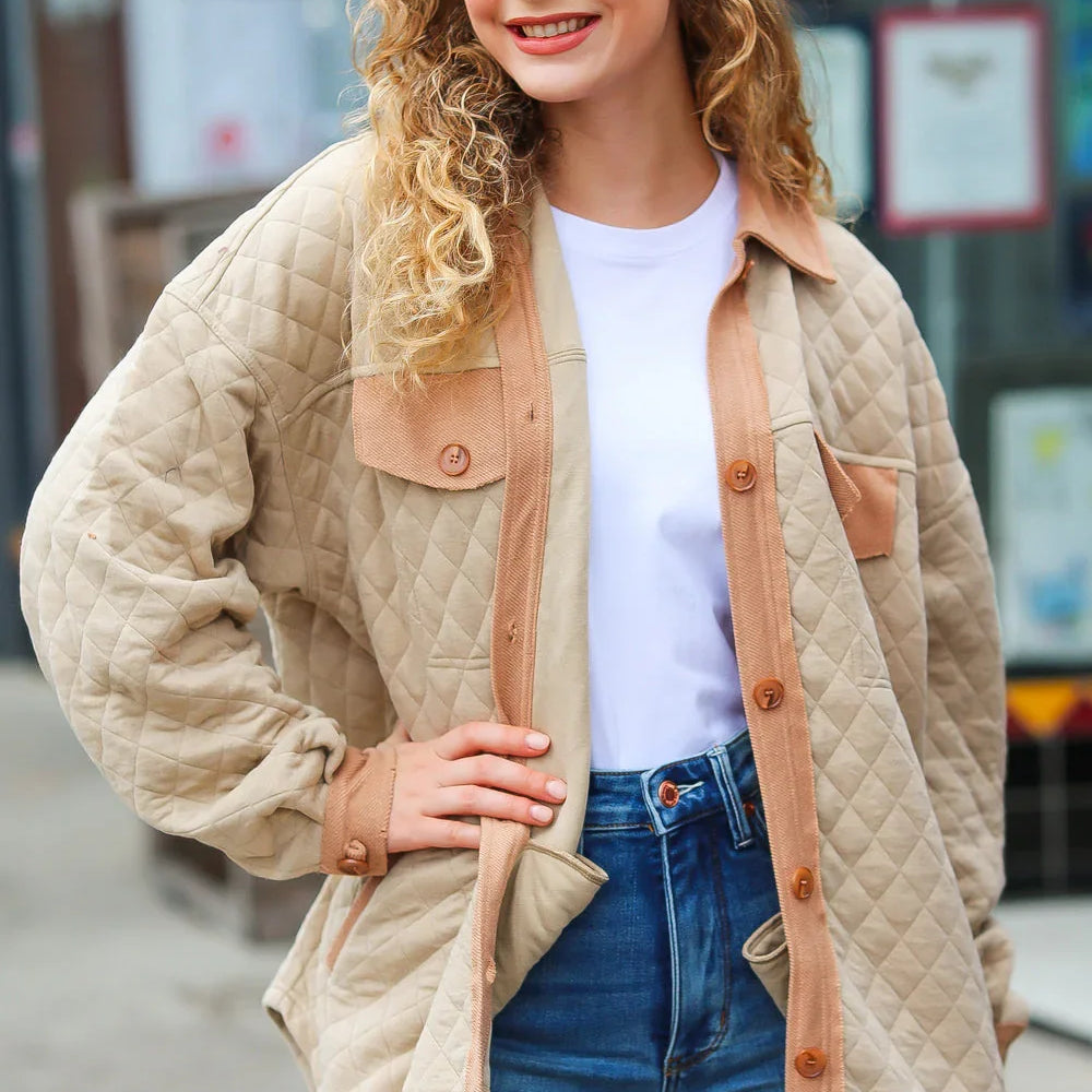 Eyes On You Taupe Quilted Knit Button Down Shacket | Daverri Fashions