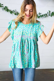 Turquoise Floral Stripe Babydoll Top | Daverri Fashions