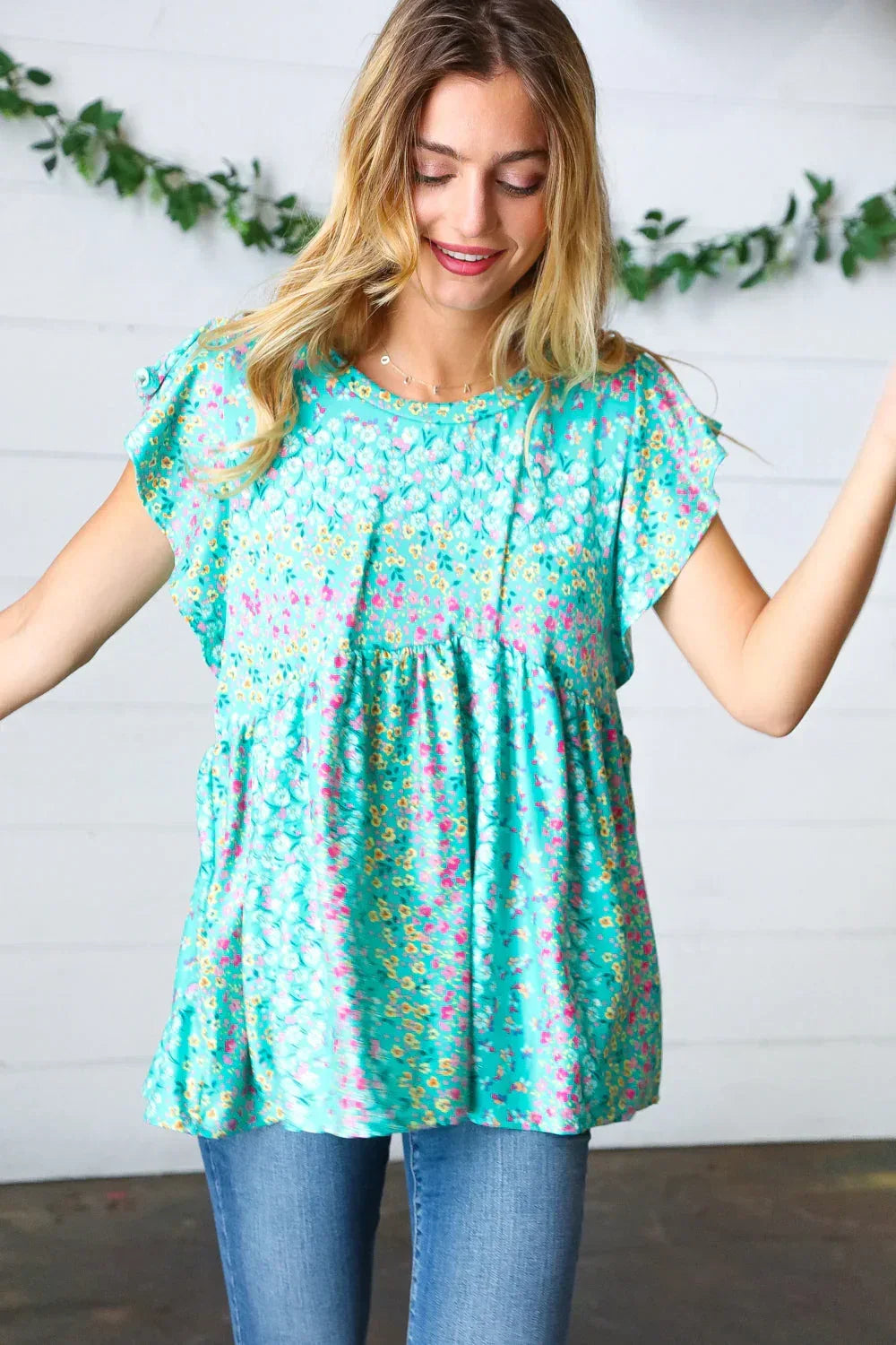 Turquoise Floral Stripe Babydoll Top - DAVERRI FASHIONS