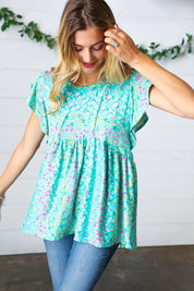 Turquoise Floral Stripe Babydoll Top | Daverri Fashions