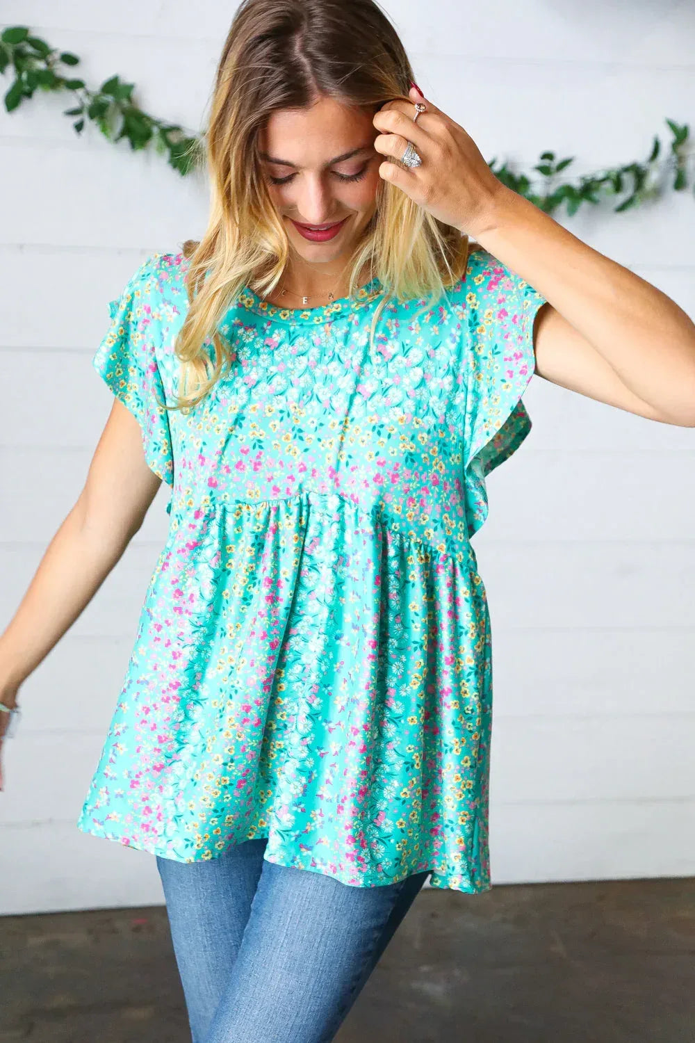 Turquoise Floral Stripe Babydoll Top - DAVERRI FASHIONS