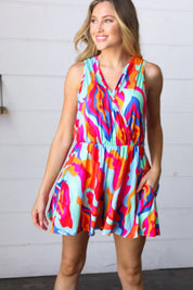Vibrant Multicolor Abstract Sleeveless Surplice Romper | Daverri Fashions