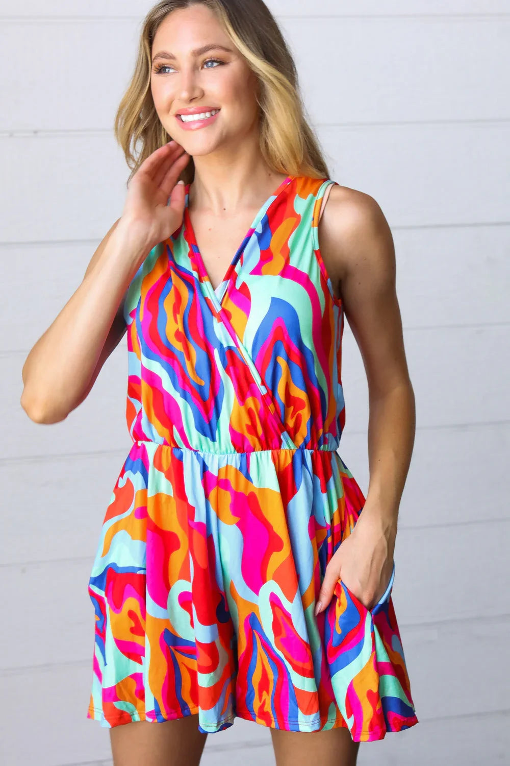 Vibrant Multicolor Abstract Sleeveless Surplice Romper | Daverri Fashions