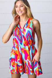 Vibrant Multicolor Abstract Sleeveless Surplice Romper | Daverri Fashions