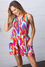 Vibrant Multicolor Abstract Sleeveless Surplice Romper | Daverri Fashions
