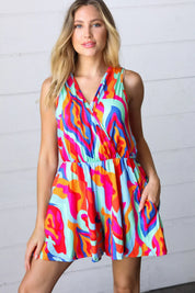 Vibrant Multicolor Abstract Sleeveless Surplice Romper | Daverri Fashions