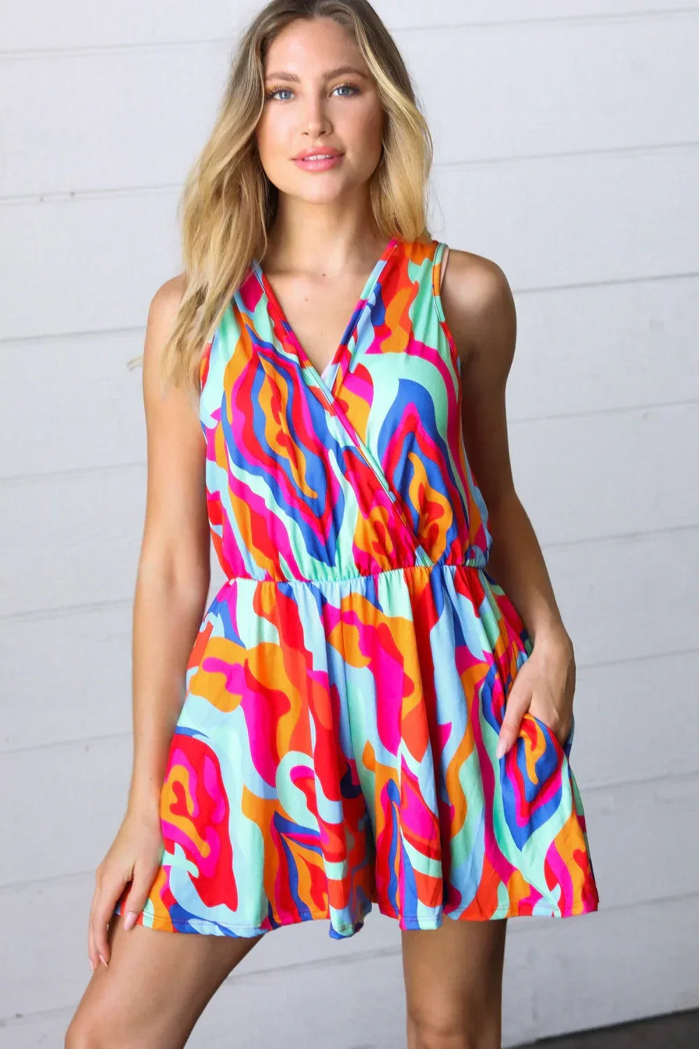 Vibrant Multicolor Abstract Sleeveless Surplice Romper - DAVERRI FASHIONS