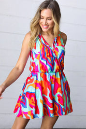 Vibrant Multicolor Abstract Sleeveless Surplice Romper | Daverri Fashions