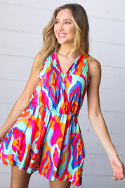 Vibrant Multicolor Abstract Sleeveless Surplice Romper | Daverri Fashions