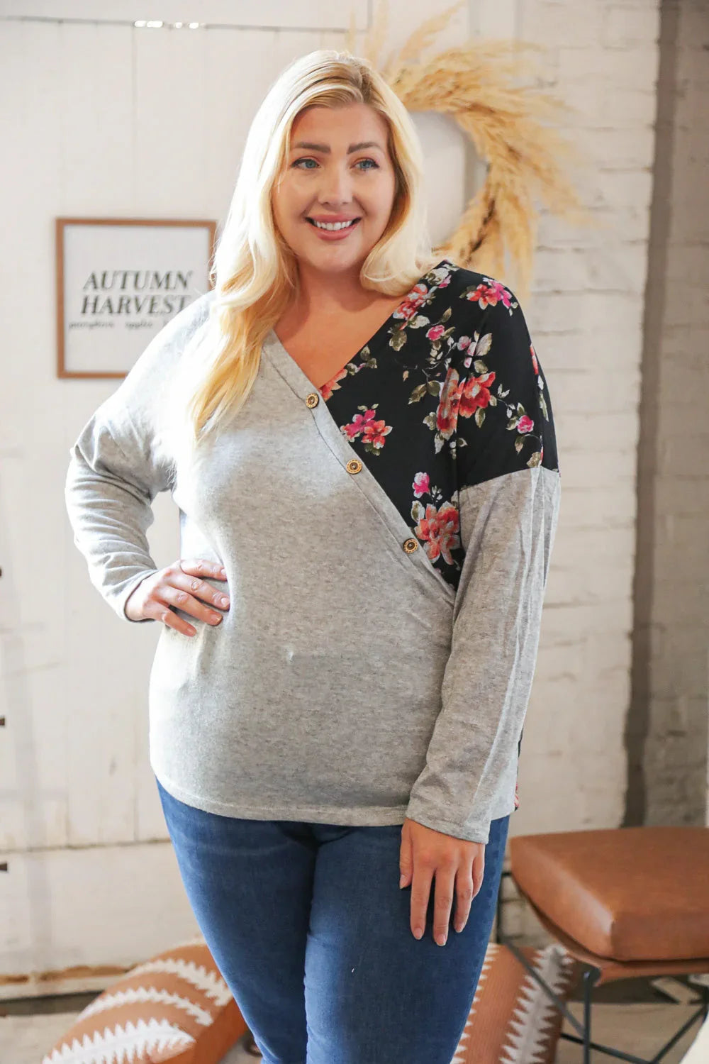 Grey & Black Floral Surplice Button Knit Top | Daverri Fashions