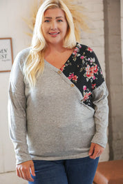 Grey & Black Floral Surplice Button Knit Top | Daverri Fashions