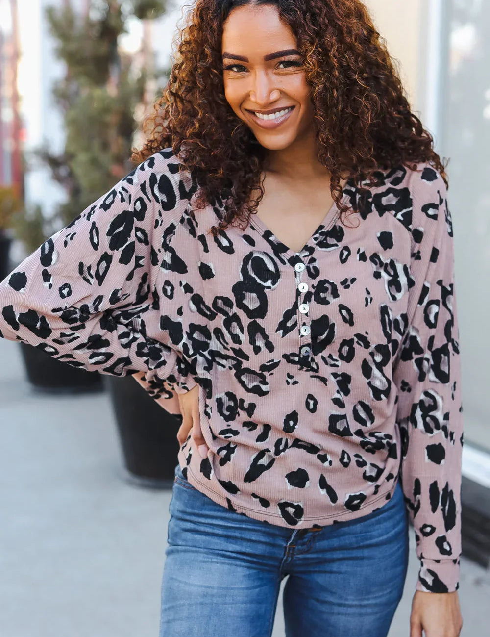 Be Bold Beige Rib Animal Print Button Placard Dolman Pullover | 2024 Blow-Out Sale Daverri Fashions