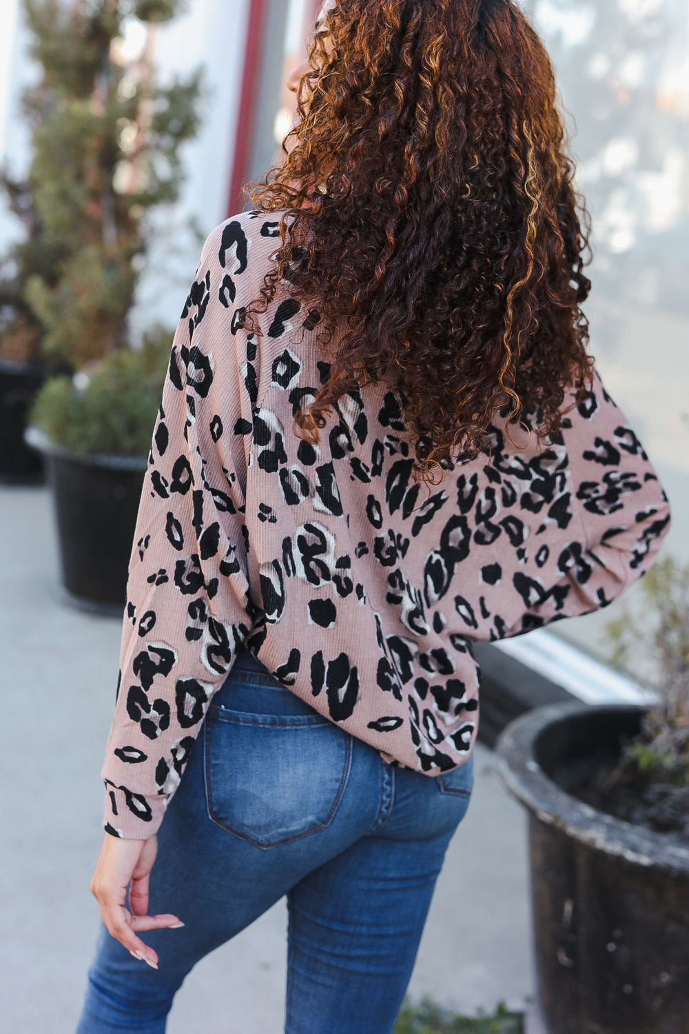 Be bold beige rib leopard print button dolman pullover blouse