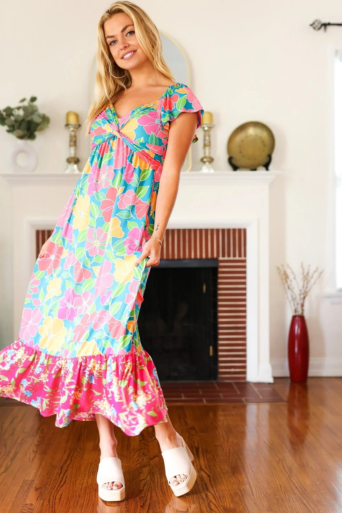 Vacay Vibes Blue Floral Print Sweetheart Twisted Neckline Maxi Dress | Daverri Fashions