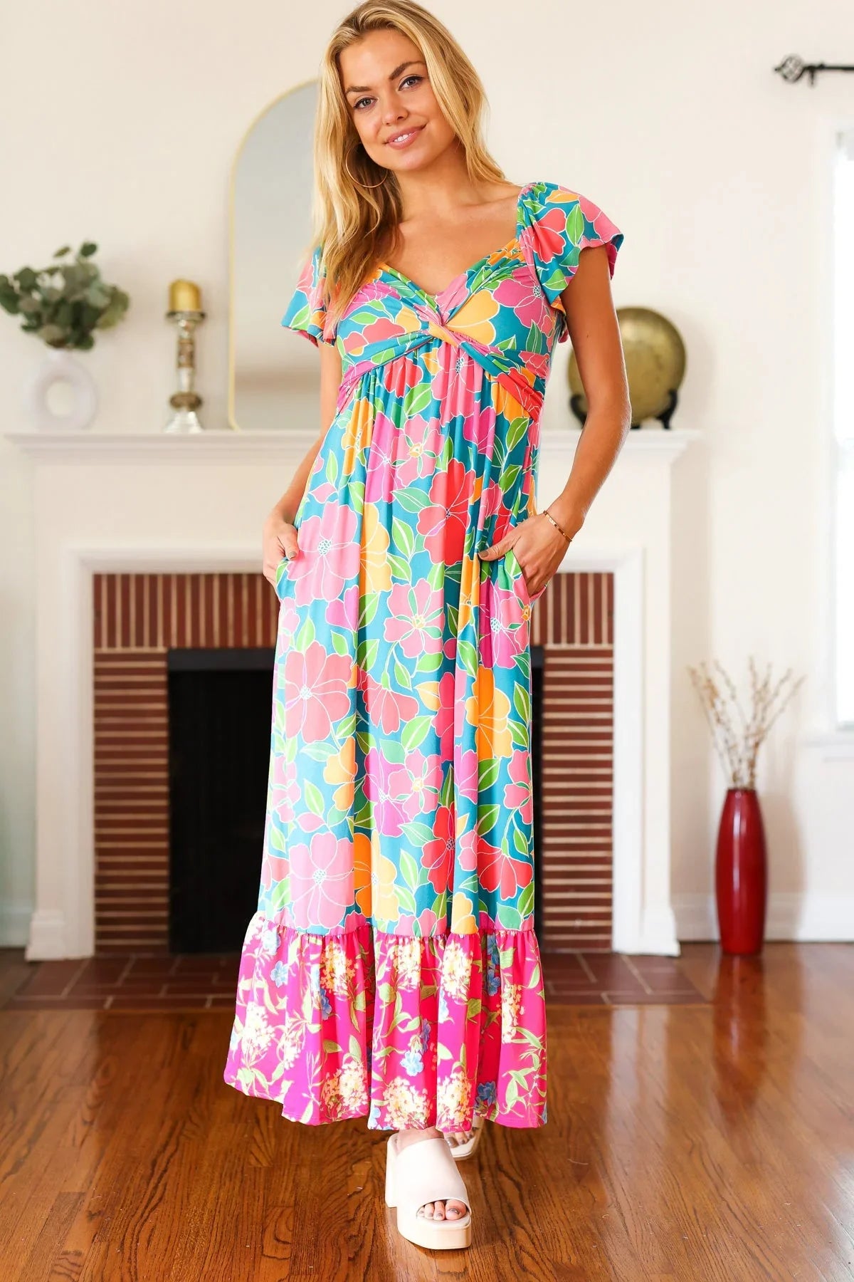 Vacay Vibes Blue Floral Print Sweetheart Twisted Neckline Maxi Dress | Daverri Fashions