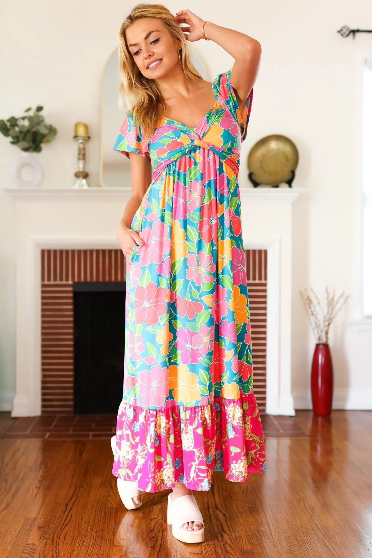 Vacay Vibes Blue Floral Print Sweetheart Twisted Neckline Maxi Dress | Daverri Fashions