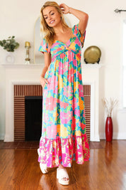 Vacay Vibes Blue Floral Print Sweetheart Twisted Neckline Maxi Dress | Daverri Fashions