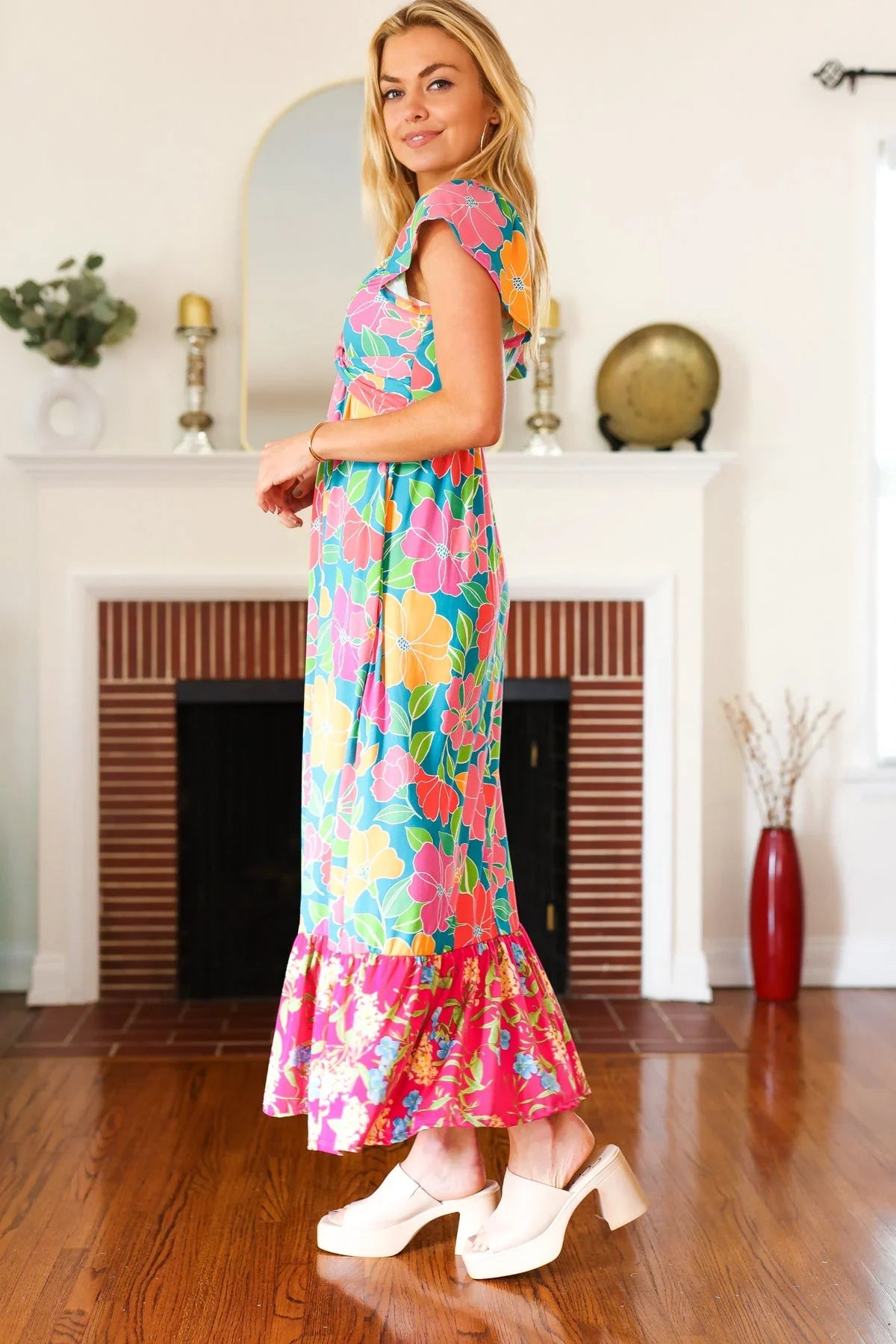 Vacay Vibes Blue Floral Print Sweetheart Twisted Neckline Maxi Dress | Daverri Fashions