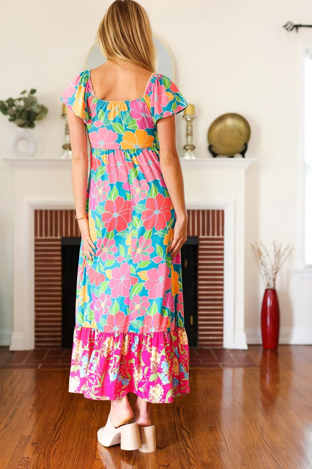 Vacay Vibes Blue Floral Print Sweetheart Twisted Neckline Maxi Dress | Daverri Fashions