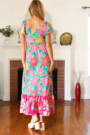 Vacay Vibes Blue Floral Print Sweetheart Twisted Neckline Maxi Dress | Daverri Fashions