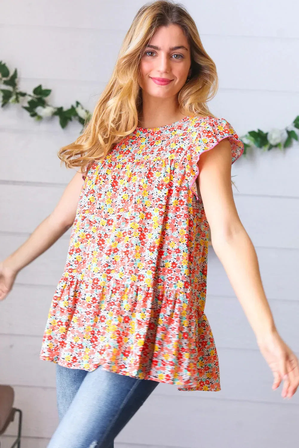 Sunset Floral Print Ruffle Tiered Keyhole Top - DAVERRI FASHIONS