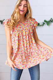 Sunset Floral Print Ruffle Tiered Keyhole Top | Daverri Fashions