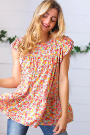 Sunset Floral Print Ruffle Tiered Keyhole Top | Daverri Fashions