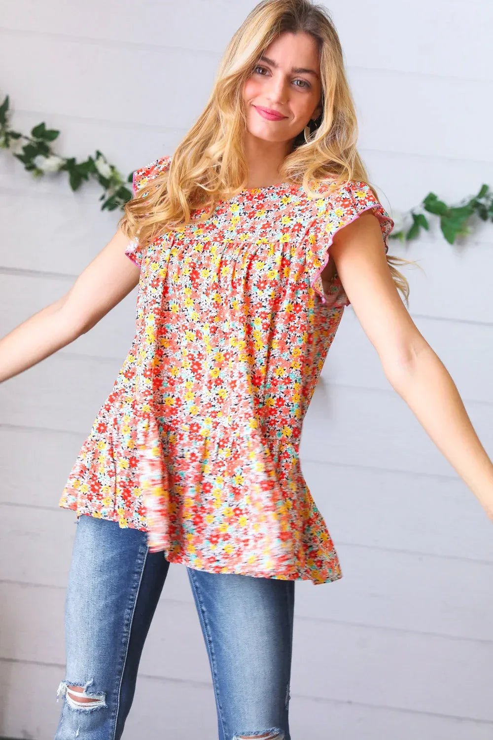 Sunset Floral Print Ruffle Tiered Keyhole Top - DAVERRI FASHIONS