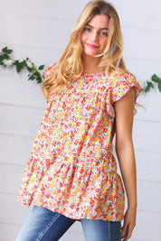 Sunset Floral Print Ruffle Tiered Keyhole Top | Daverri Fashions