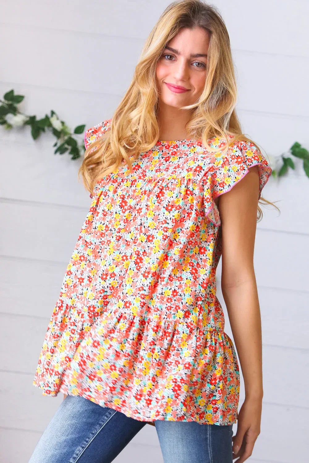Sunset Floral Print Ruffle Tiered Keyhole Top - DAVERRI FASHIONS