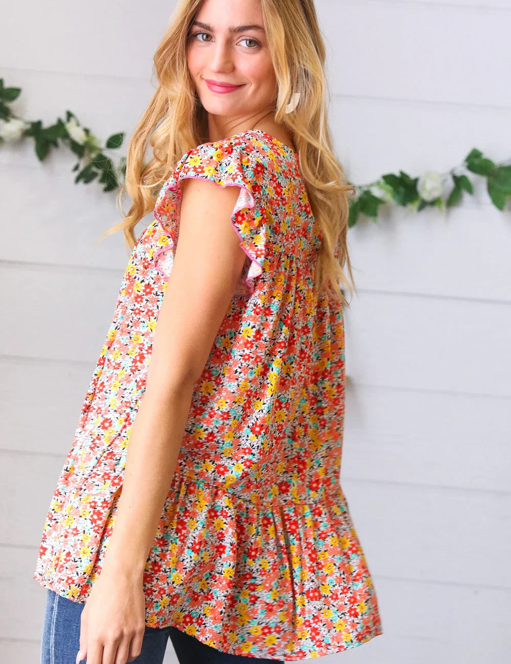 Sunset Floral Print Ruffle Tiered Keyhole Top | Daverri Fashions