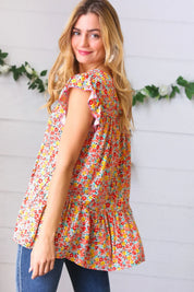 Sunset Floral Print Ruffle Tiered Keyhole Top | Daverri Fashions