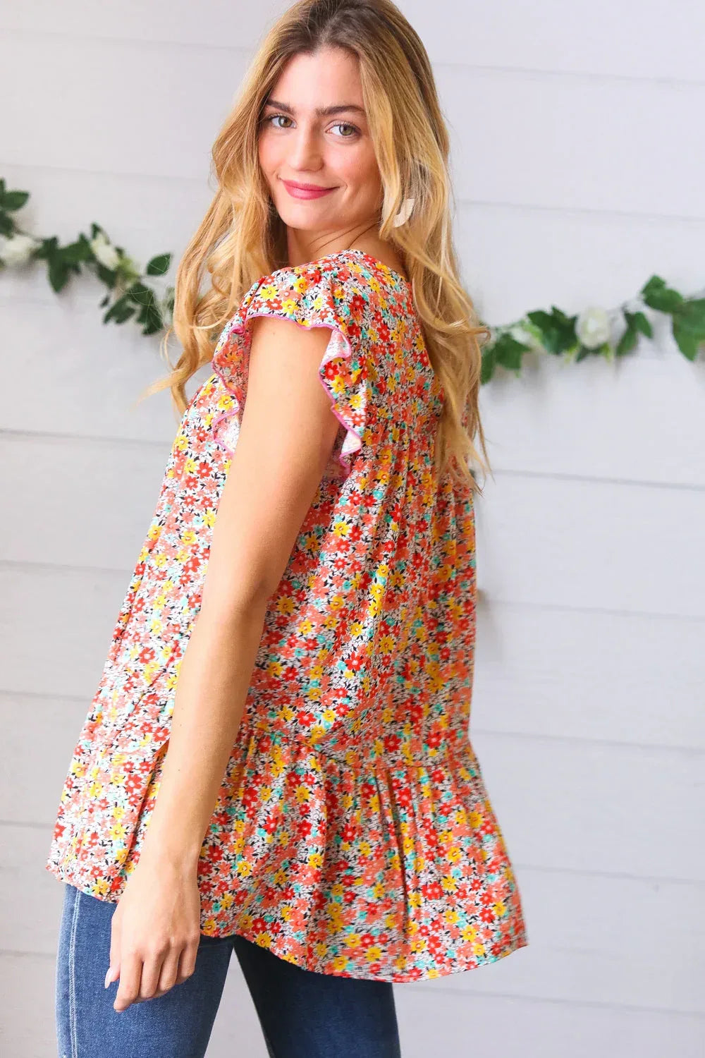 Sunset Floral Print Ruffle Tiered Keyhole Top - DAVERRI FASHIONS