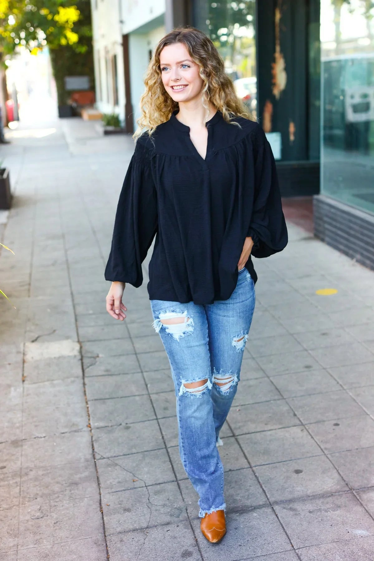 Boho Vibes Black Notched Neck Smocked Bubble Sleeve Top | Daverri Fashions