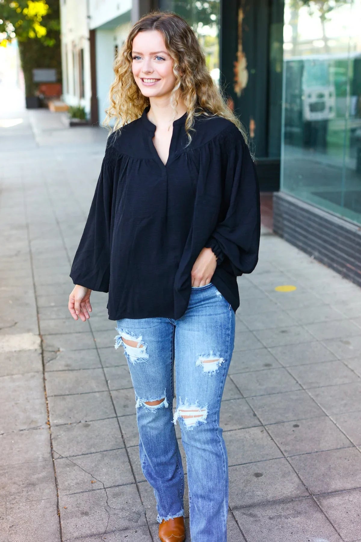 Boho Vibes Black Notched Neck Smocked Bubble Sleeve Top | Daverri Fashions