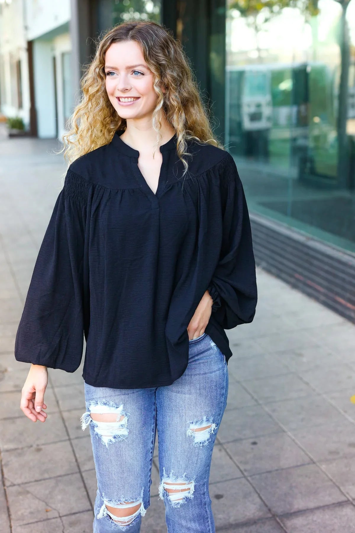 Boho Vibes Black Notched Neck Smocked Bubble Sleeve Top | Daverri Fashions