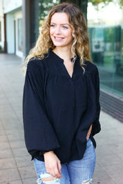 Boho Vibes Black Notched Neck Smocked Bubble Sleeve Top | Daverri Fashions