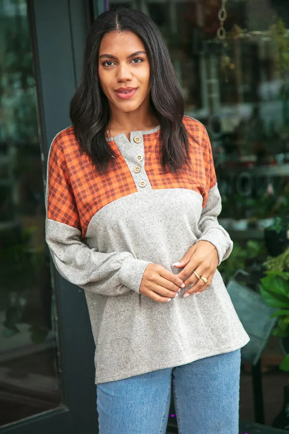 Plaid Cashmere Feel Two Tone Button Down Top - DAVERRI FASHIONS