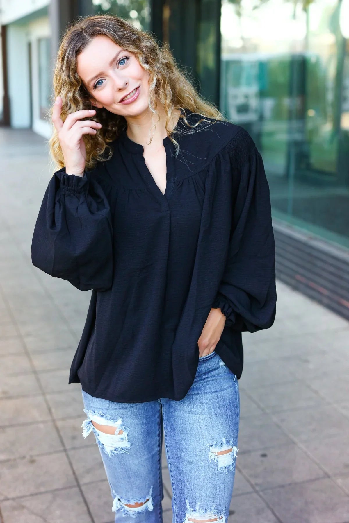 Boho Vibes Black Notched Neck Smocked Bubble Sleeve Top | Daverri Fashions