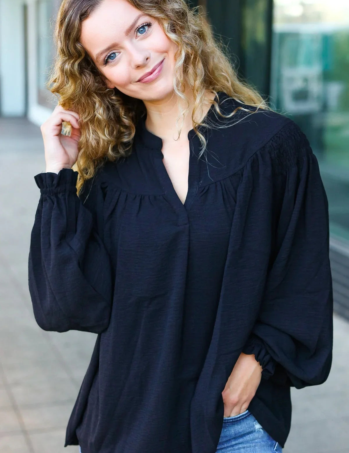 Boho Vibes Black Notched Neck Smocked Bubble Sleeve Top | Daverri Fashions