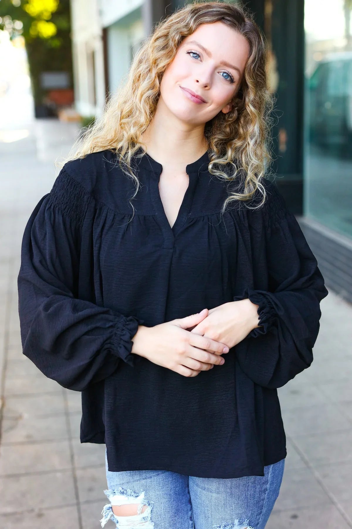 Boho Vibes Black Notched Neck Smocked Bubble Sleeve Top | Daverri Fashions