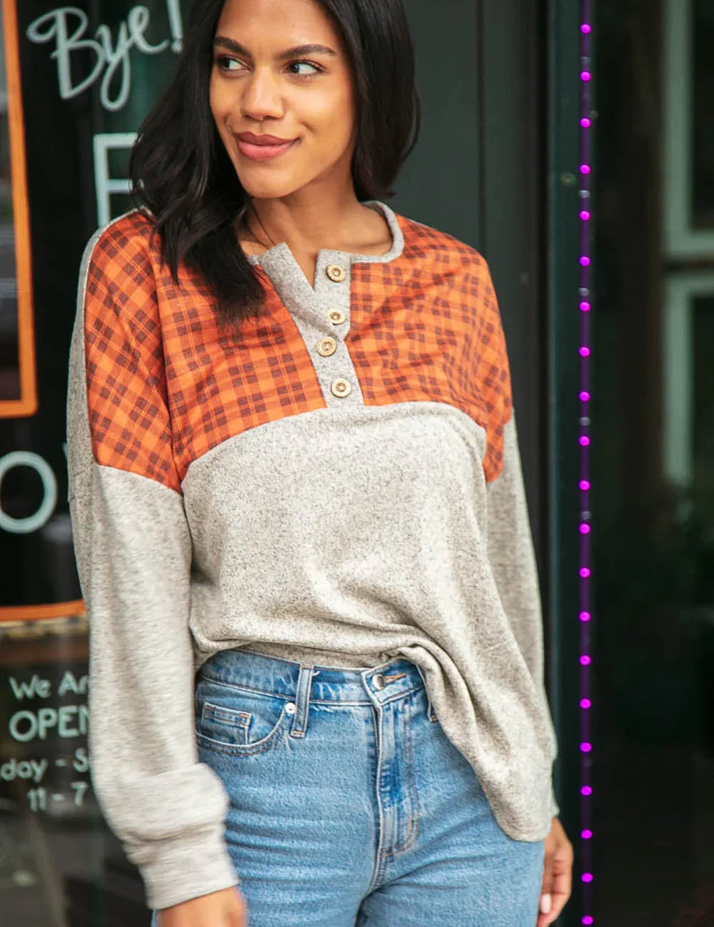 Plaid Cashmere Feel Two Tone Button Down Top | Daverri Fashions